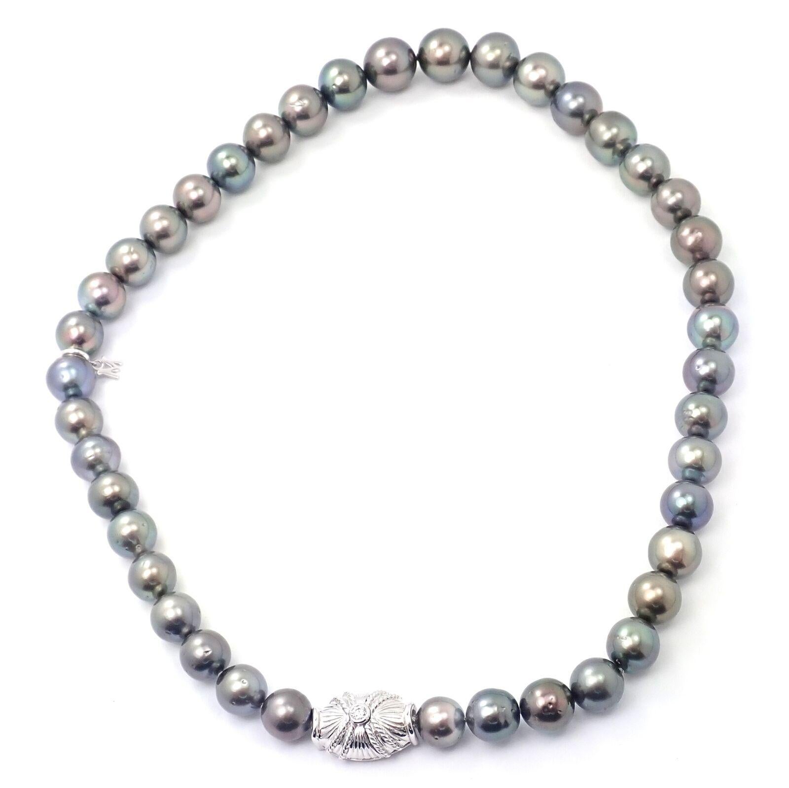 18k White Gold Diamond Large Tahitian Black South Sea Pearl Strand Necklace by Mikimoto. 
With 41 x 13mm - 10mm Tahitian South Sea Black Pearls
1 Round brilliant cut diamond VS1 clarity, G color total weight .10ct
Details:
Necklace length: