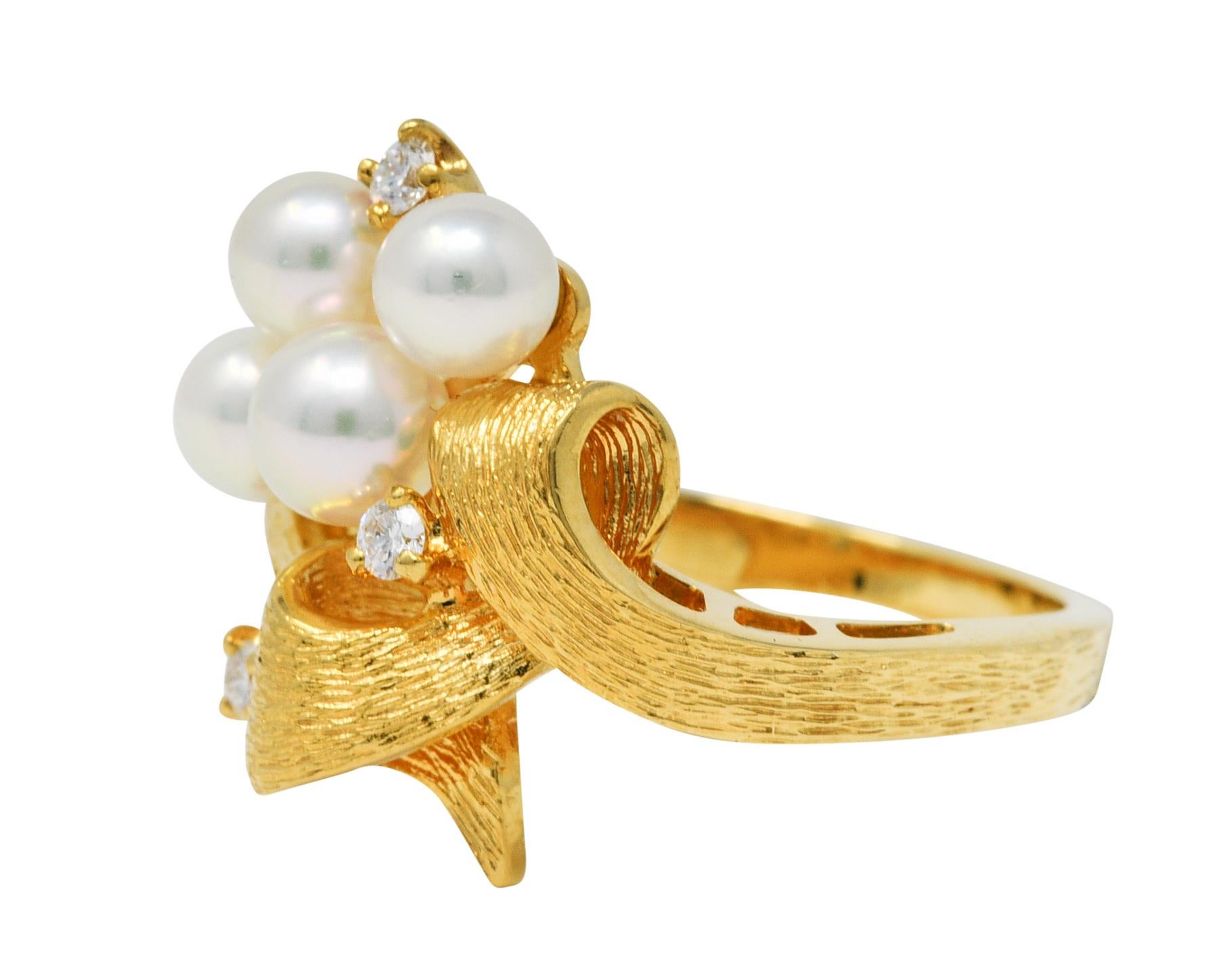 Mikimoto Diamond Pearl 18 Karat Yellow Gold Ribbon Ring In Excellent Condition In Philadelphia, PA