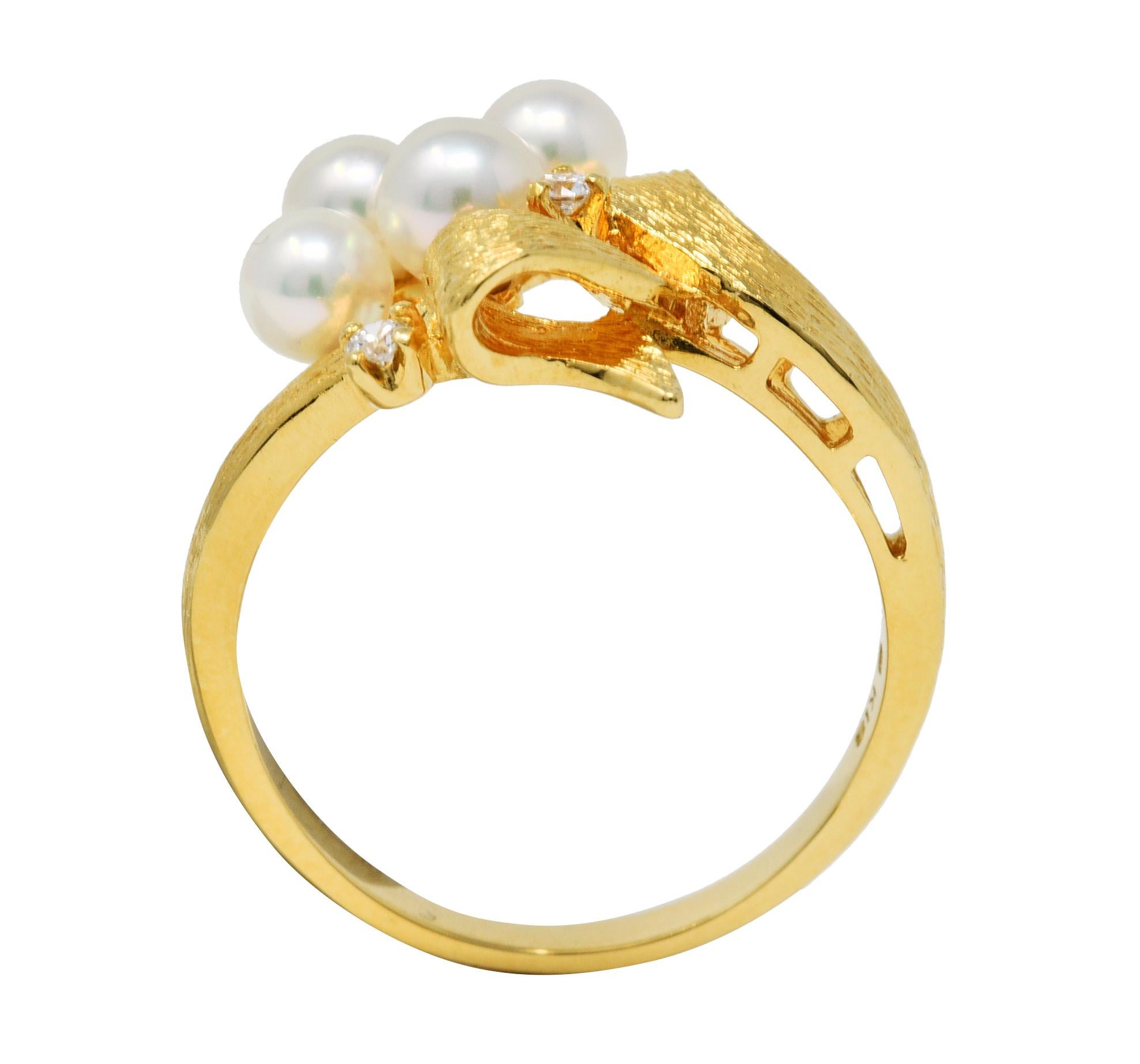 Mikimoto Diamond Pearl 18 Karat Yellow Gold Ribbon Ring 1