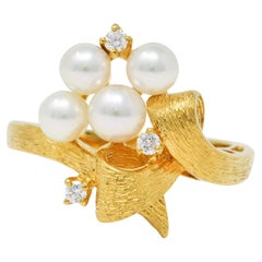 Mikimoto Diamond Pearl 18 Karat Yellow Gold Ribbon Ring