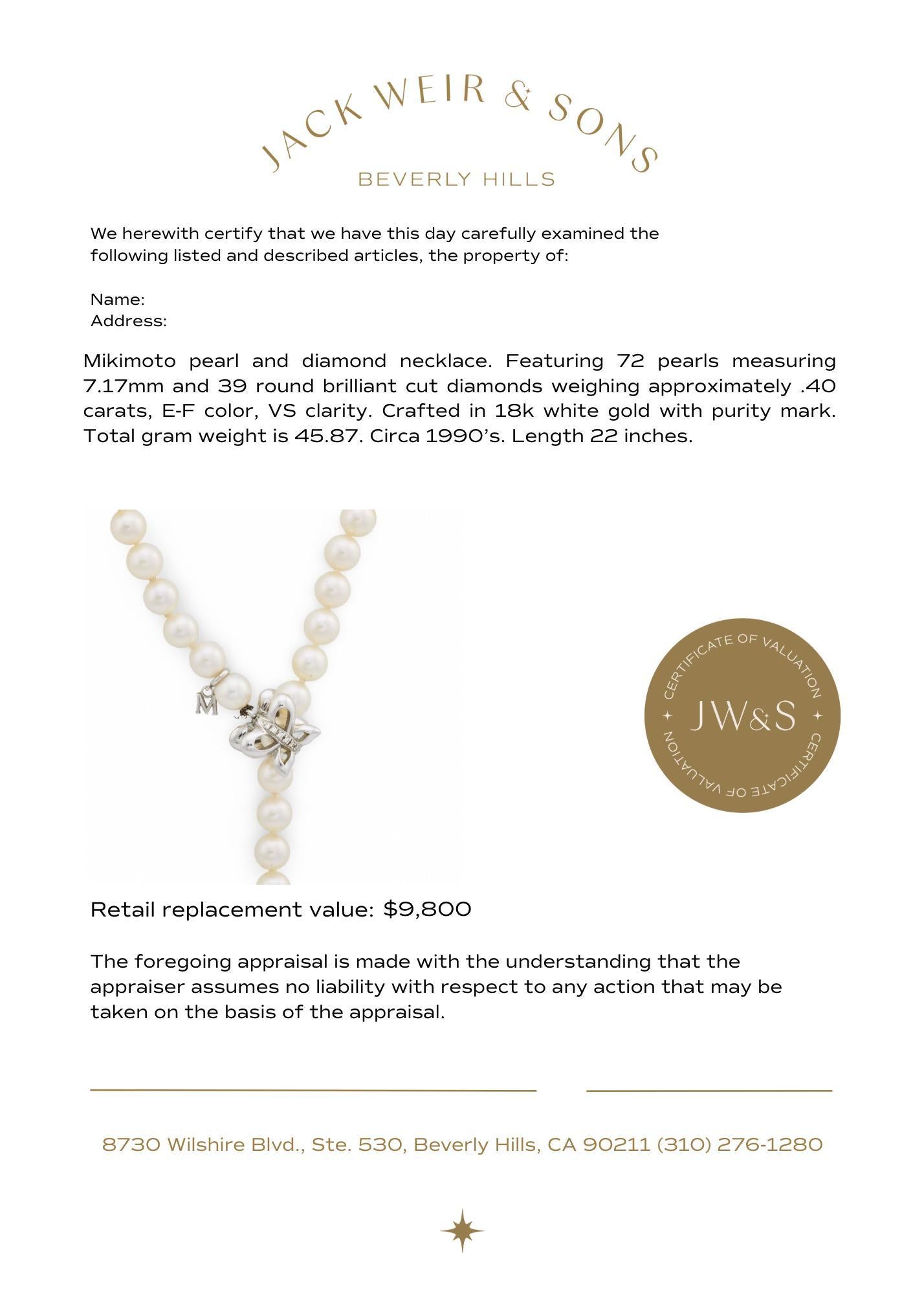 Collana a farfalla in oro bianco 18 carati con perle e diamanti di Mikimoto in vendita 2