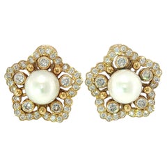 Mikimoto Diamond Pearl Earrings 18K Yellow Gold Cultured Pearls