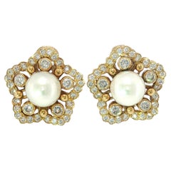 Mikimoto Diamond Pearl Earrings 18K Yellow Gold Cultured Pearls