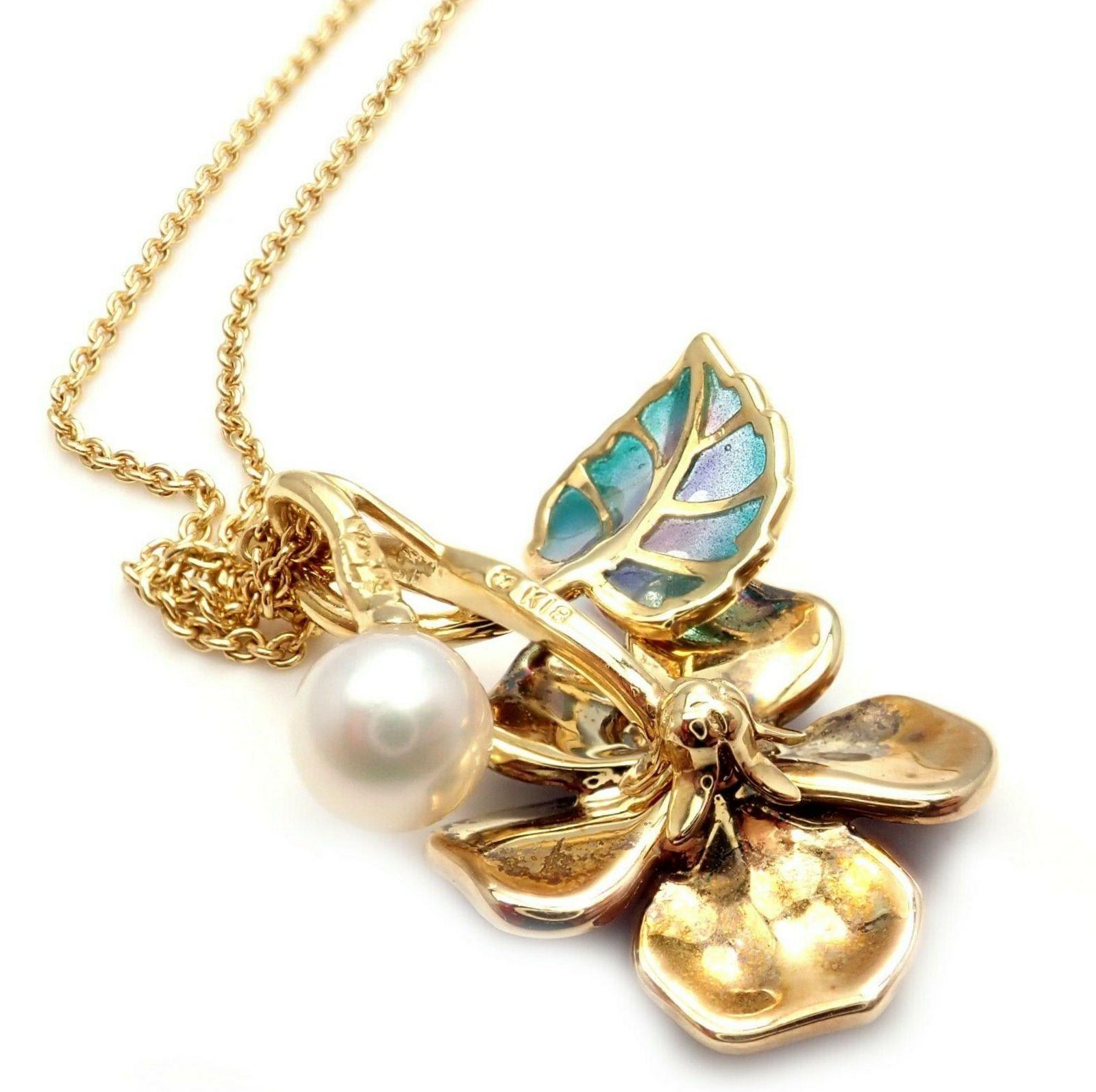 Women's or Men's Mikimoto Diamond Pearl Enamel Cherry Blossom Flower Yellow Gold Pendant Necklace