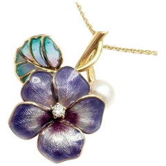 Mikimoto Diamond Pearl Enamel Cherry Blossom Flower Yellow Gold Pendant Necklace