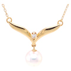 Vintage Mikimoto Diamond & Pearl Pendant with Chain in 18k Yellow Gold