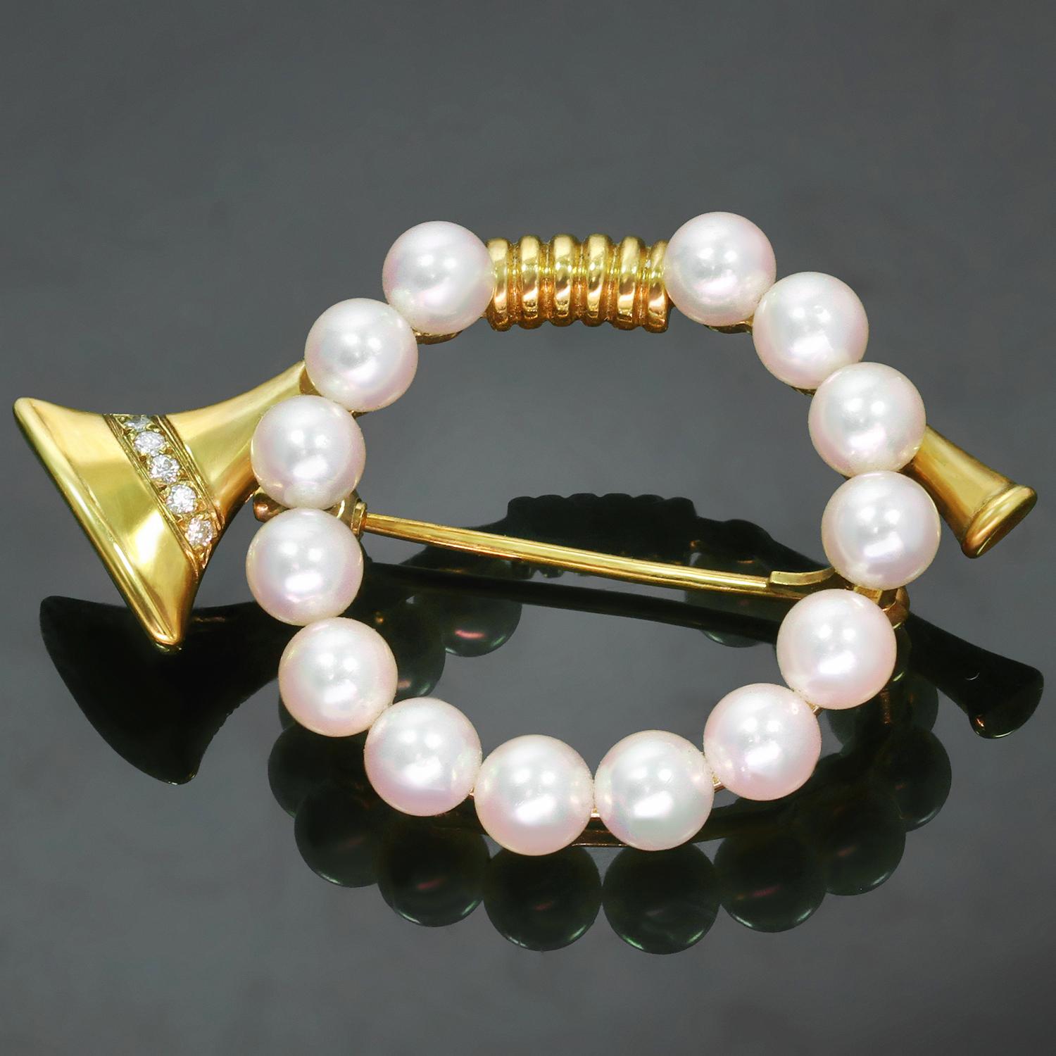 This adorable pearl and diamond brooch from Mikimoto is the epitome of stylish charm. Set in 18k yellow gold. Refine your lifestyle. Measurements: 1.06