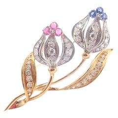 Mikimoto Diamond Sapphire Ruby Yellow and White Gold Flower Brooch Pin