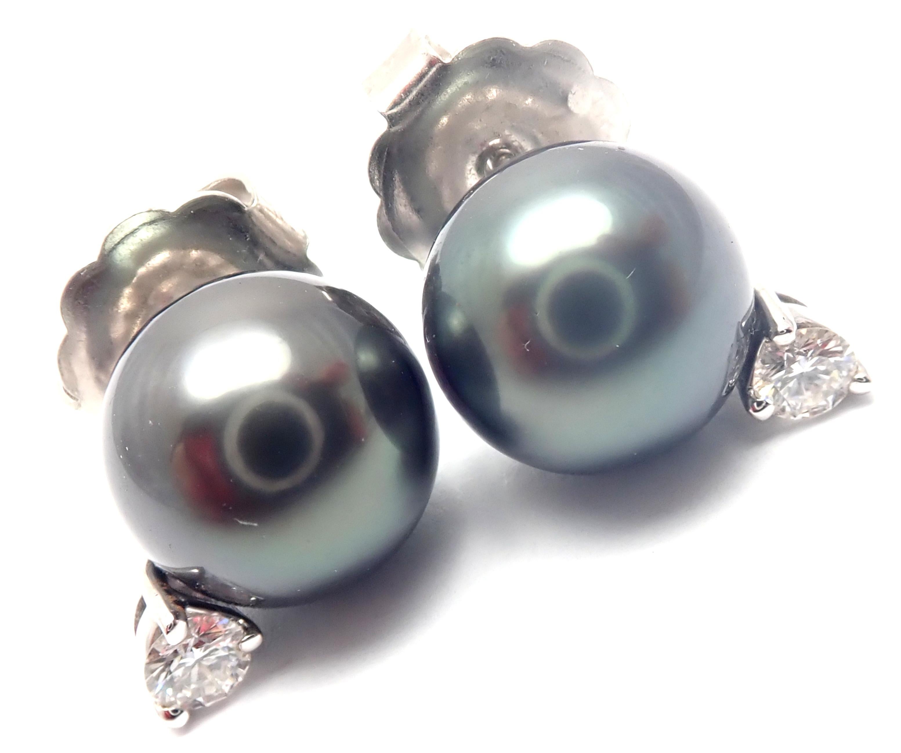 Women's or Men's Mikimoto Diamond Tahitian Black South Sea Pearl White Gold Earrings