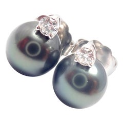 Mikimoto Diamond Tahitian Black South Sea Pearl White Gold Earrings