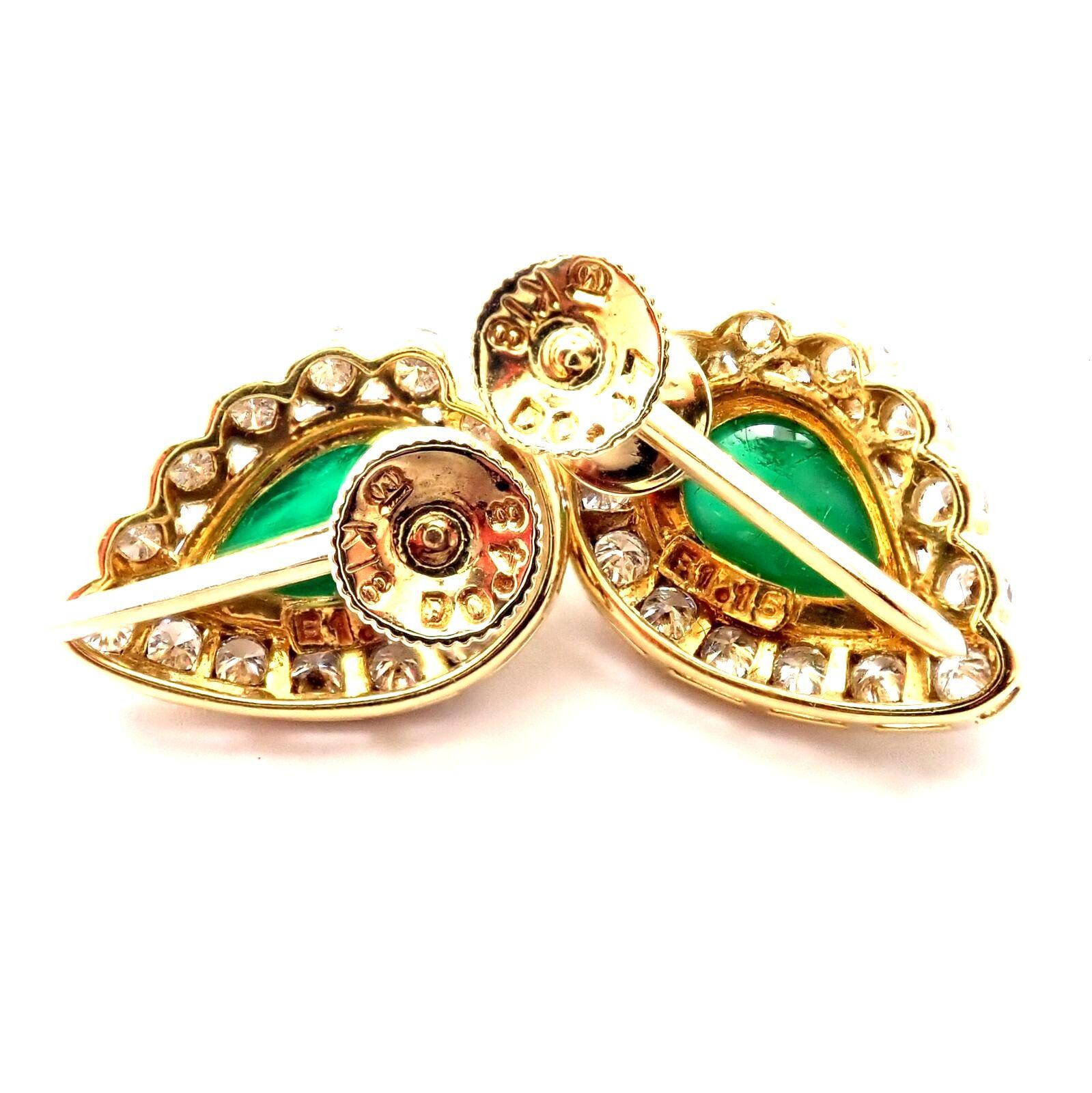 Mikimoto Diamond Teardrop Emerald Screw Back Yellow Gold Earrings For Sale 2