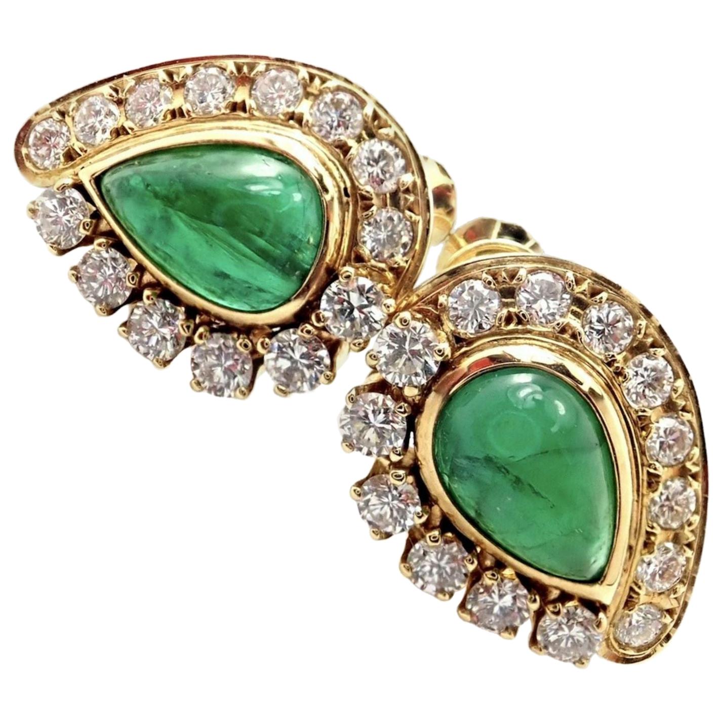 Mikimoto Diamond Teardrop Emerald Screw Back Yellow Gold Earrings For Sale