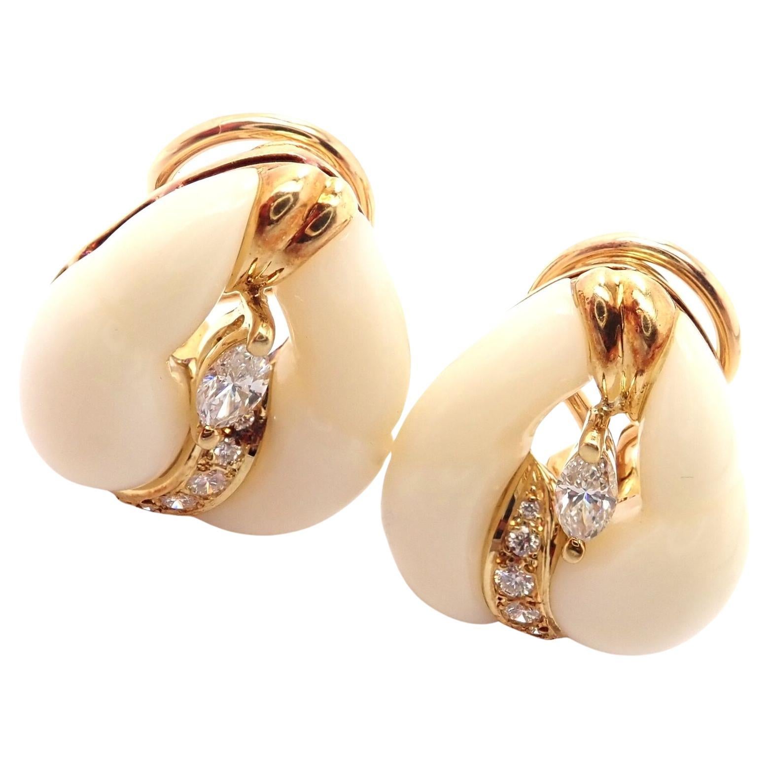 Mikimoto Diamond White Coral Yellow Gold Earrings For Sale