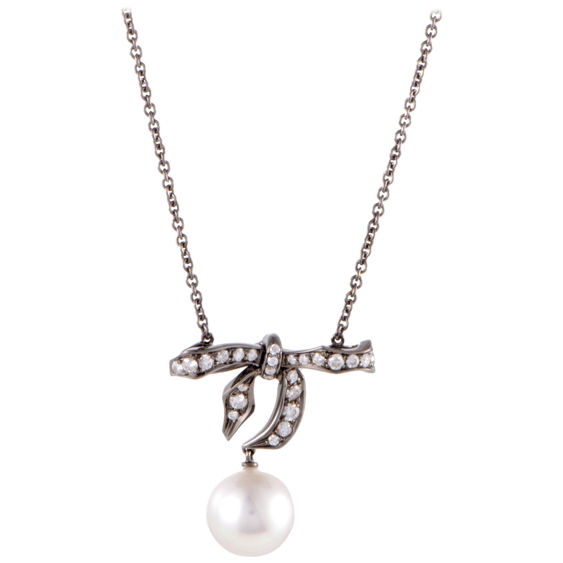 Mikimoto Diamond & White Pearl Bow White Gold and Black Rhodium Pendant Necklace