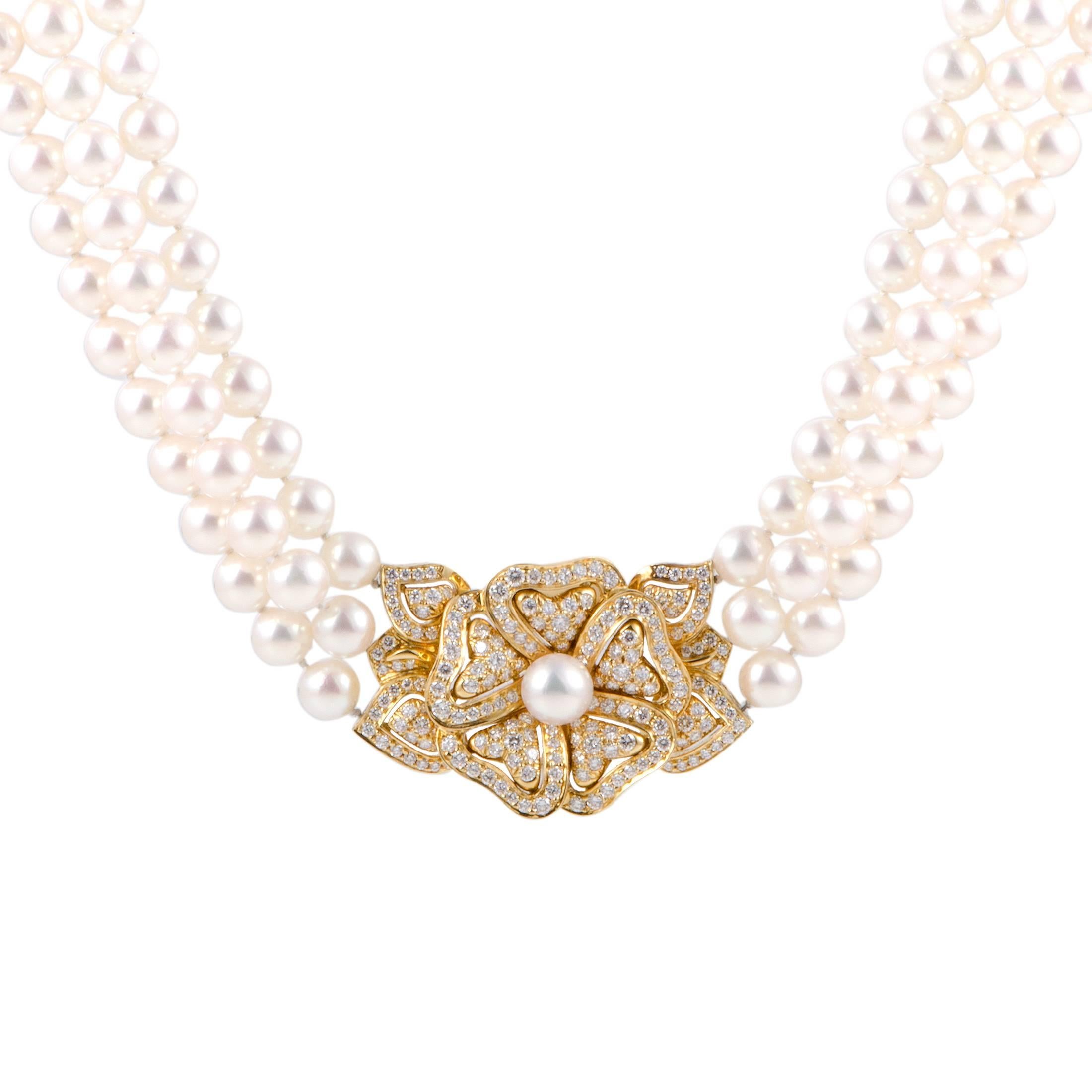 Mikimoto Diamond Yellow Gold Flower Pendant and Pearl Collar Necklace