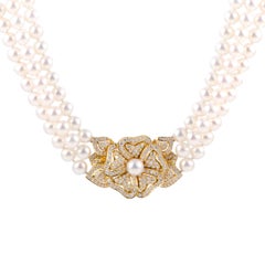 Retro Mikimoto Diamond Yellow Gold Flower Pendant and Pearl Collar Necklace