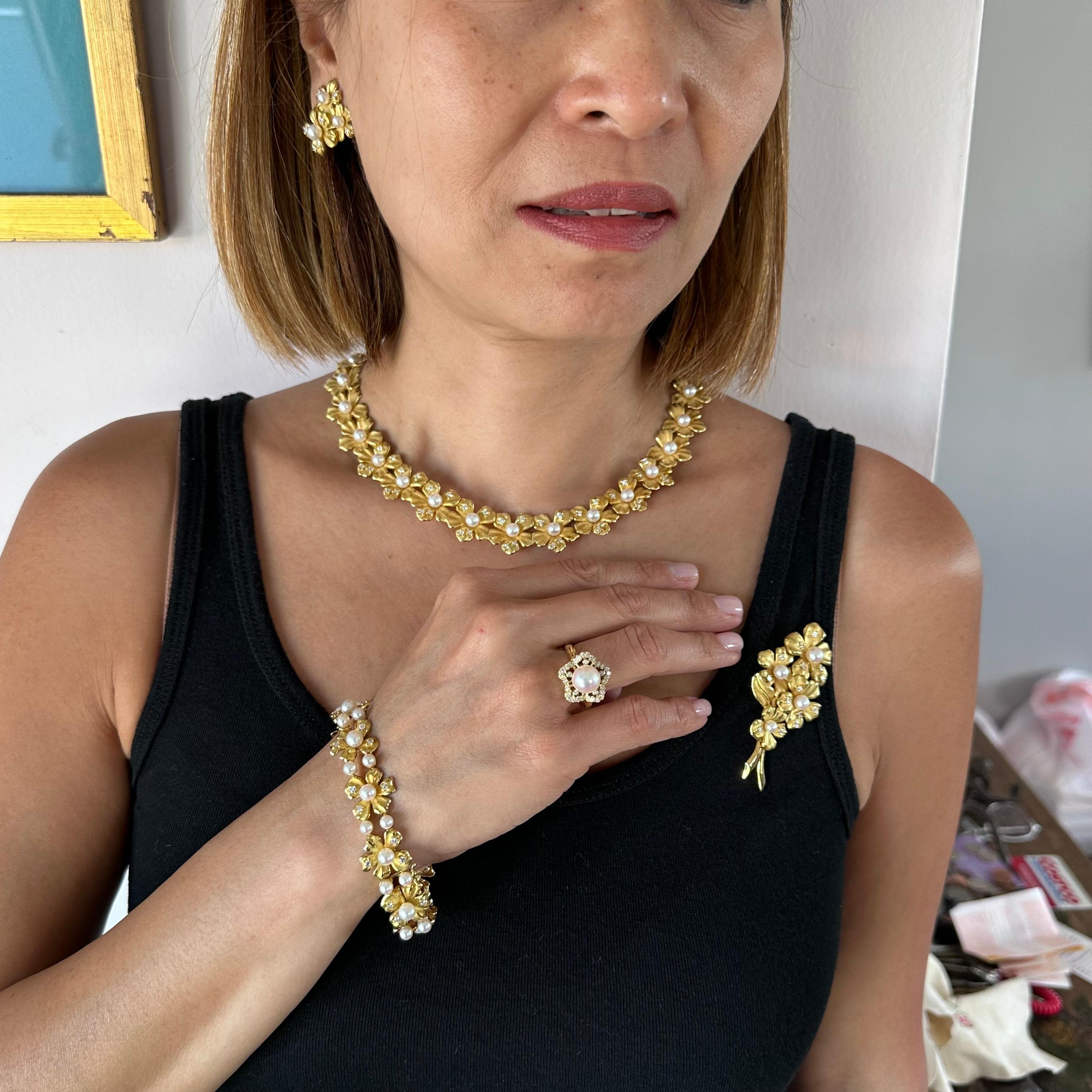 Mikimoto Diamond & Yellow Gold Necklace Bracelet Ring Earring Brooch Set In Excellent Condition For Sale In Beverly Hills, CA
