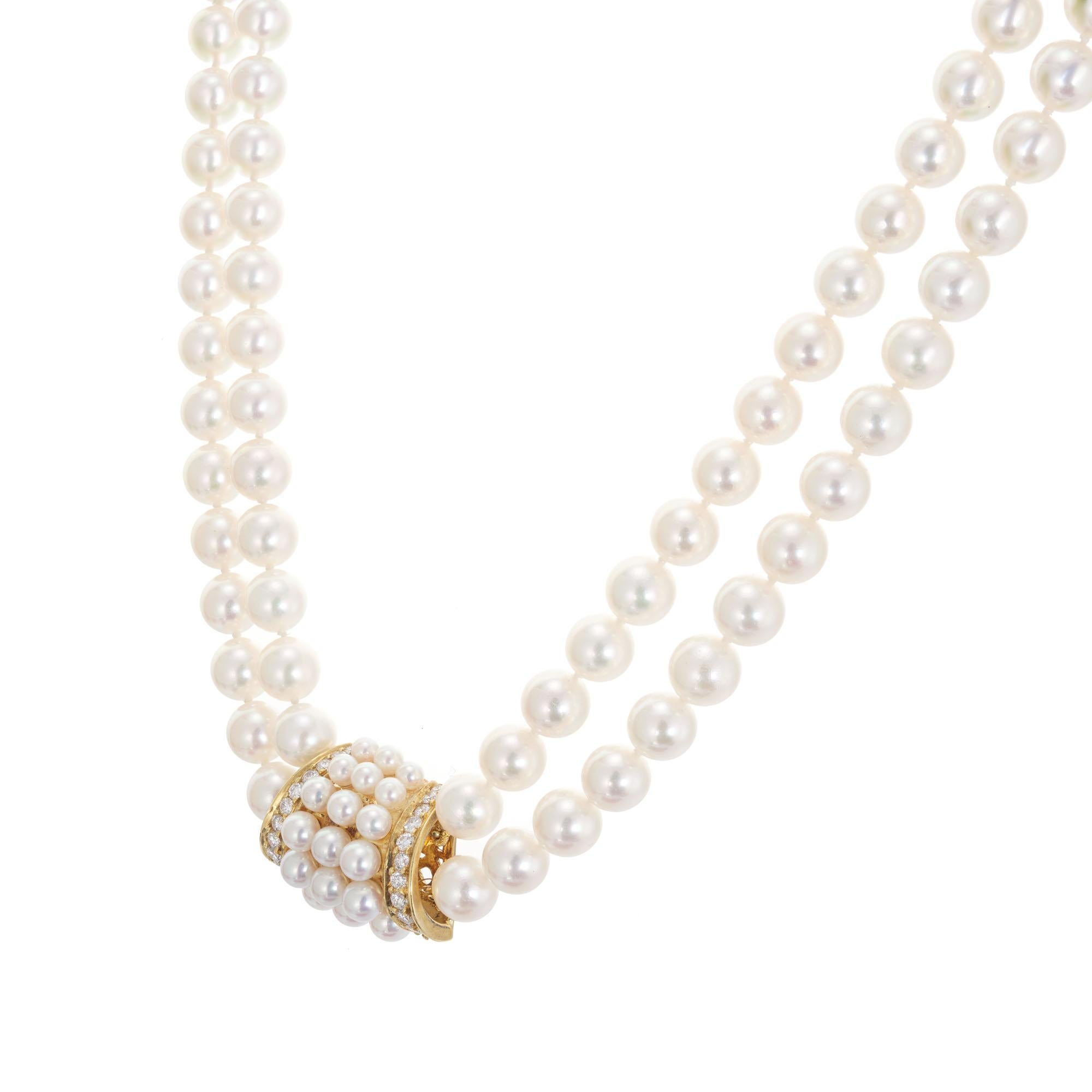 Round Cut Mikimoto Double Strand Cultured Pearl Diamond Gold Necklace For Sale