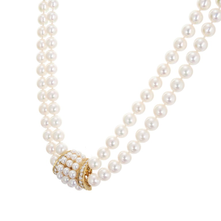 Mikimoto Double Strand Cultured Pearl Diamond Gold Necklace For Sale at