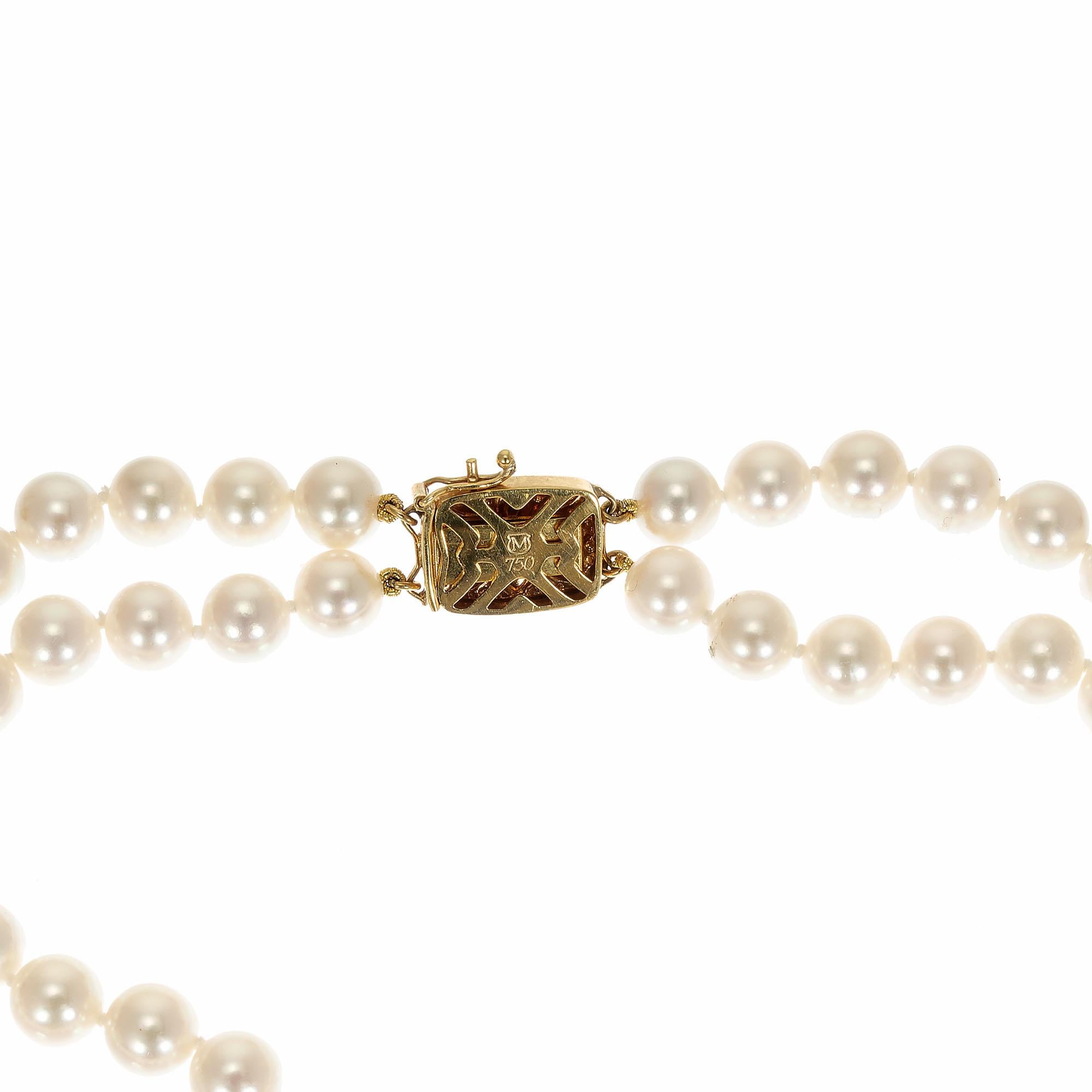 Mikimoto Double Strand Cultured Pearl Diamond Gold Necklace In Good Condition For Sale In Stamford, CT