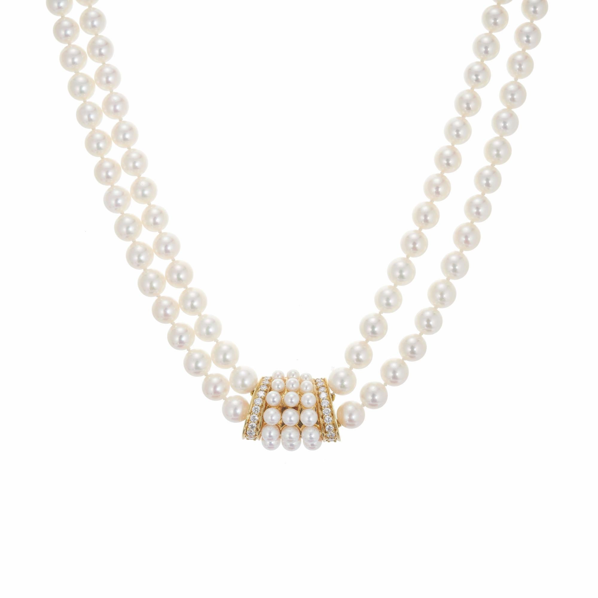 Women's Mikimoto Double Strand Cultured Pearl Diamond Gold Necklace For Sale