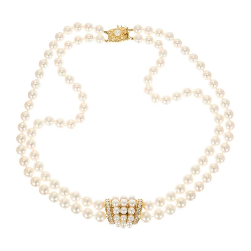 GIA Certified Three-Strand Pearl and Diamond Necklace For Sale at ...