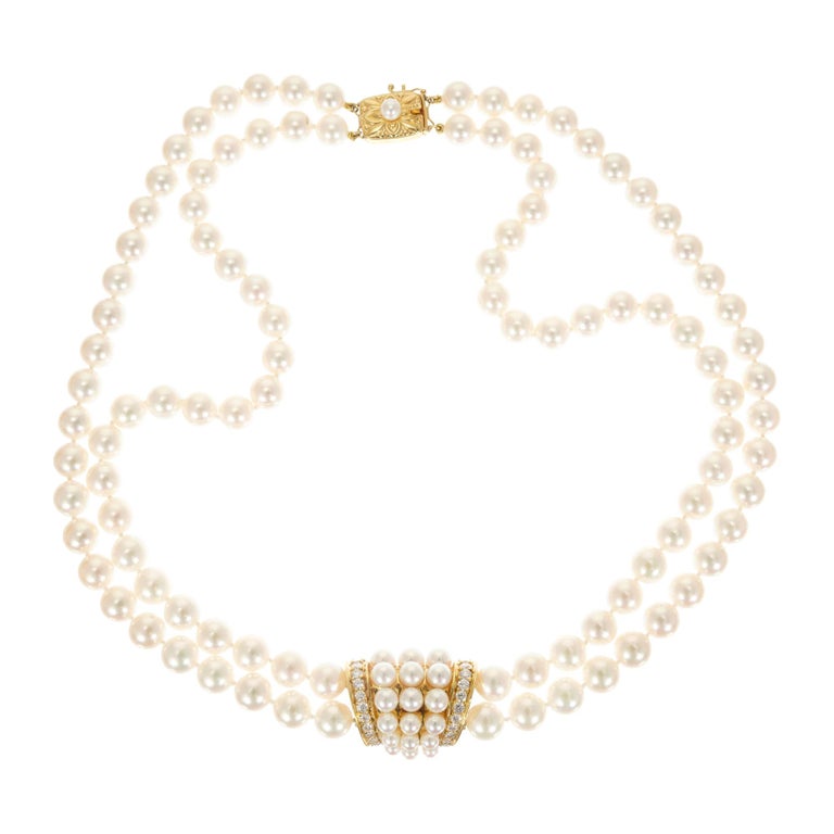 Mikimoto Double Strand Cultured Pearl Diamond Gold Necklace For Sale at ...