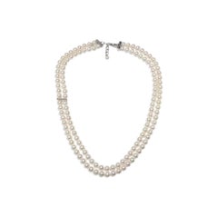 Mikimoto Double Strand Cultured Pearl Necklace, 18KT White Gold and Diamonds
