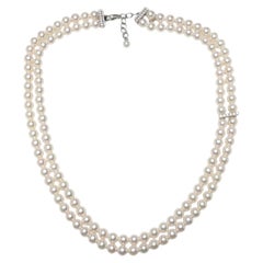 Mikimoto Double Strand Cultured Pearl Necklace, 18KT White Gold and Diamonds