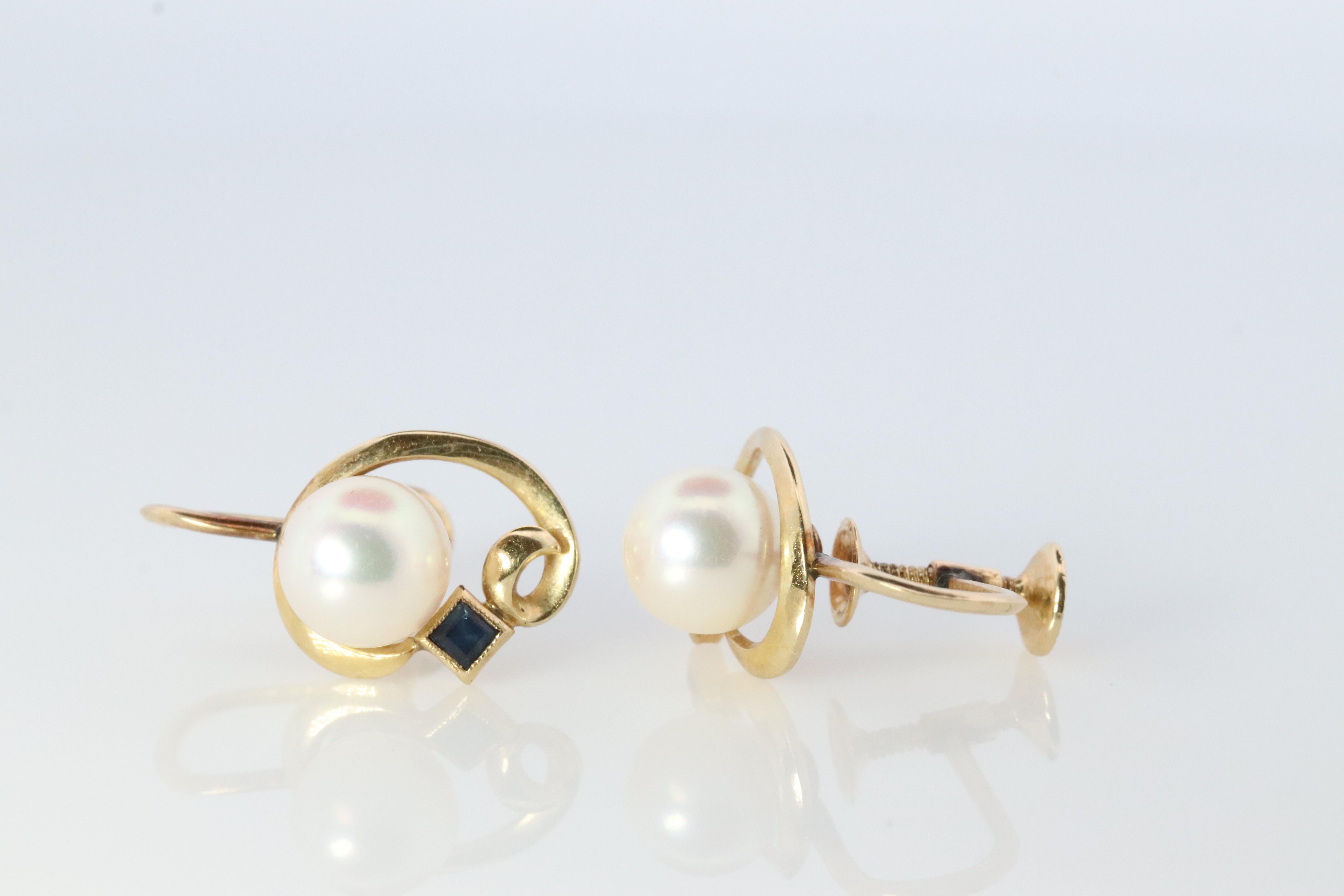 Modern Mikimoto Earrings. 14k Gold Mikimoto Pearl and Sapphire Clip Ons. Unpierced