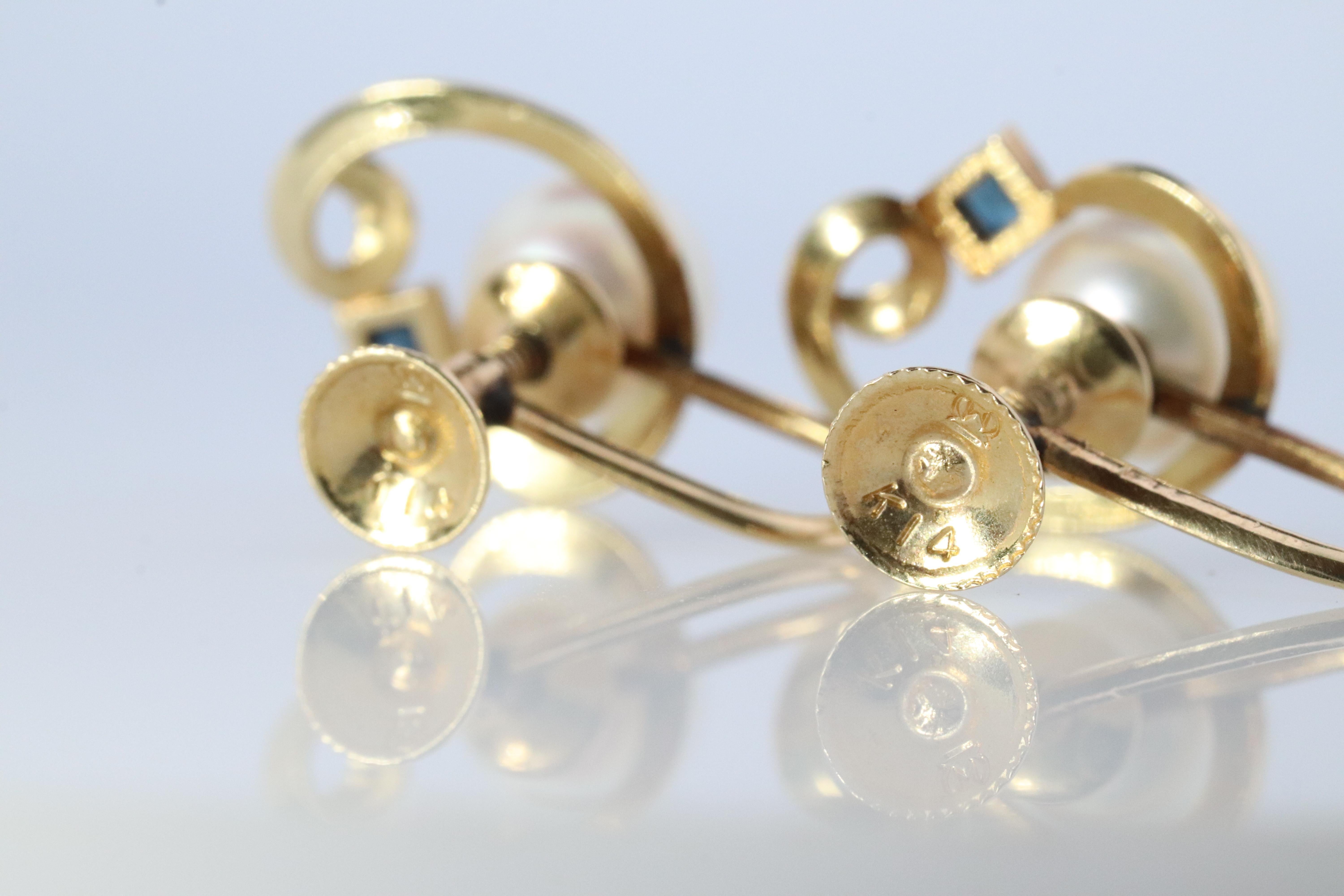 Round Cut Mikimoto Earrings. 14k Gold Mikimoto Pearl and Sapphire Clip Ons. Unpierced