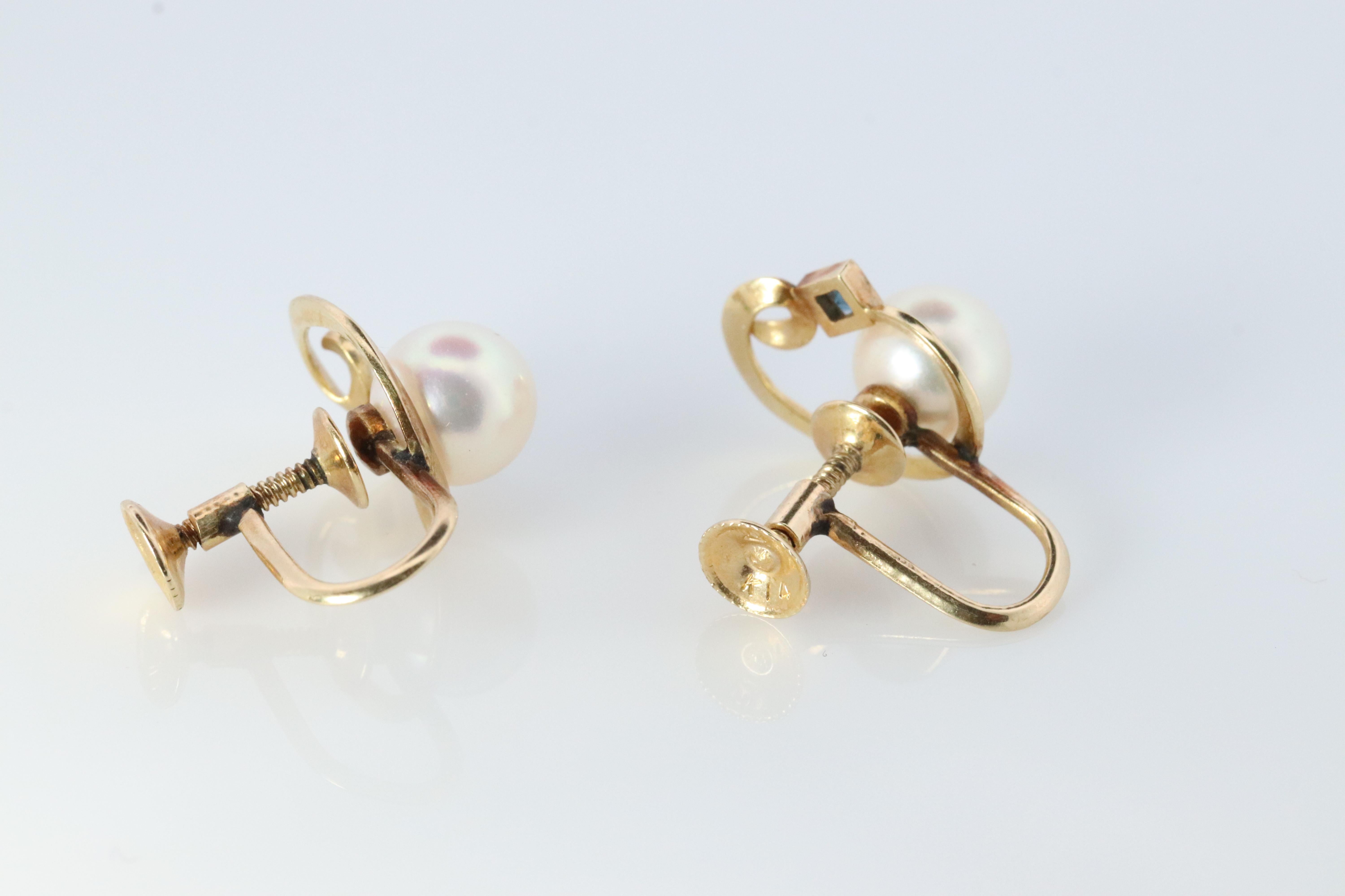 Mikimoto Earrings. 14k Gold Mikimoto Pearl and Sapphire Clip Ons. Unpierced In Good Condition In Port Charlotte, FL