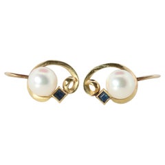 Mikimoto Earrings. 14k Gold Mikimoto Pearl and Sapphire Clip Ons. Unpierced