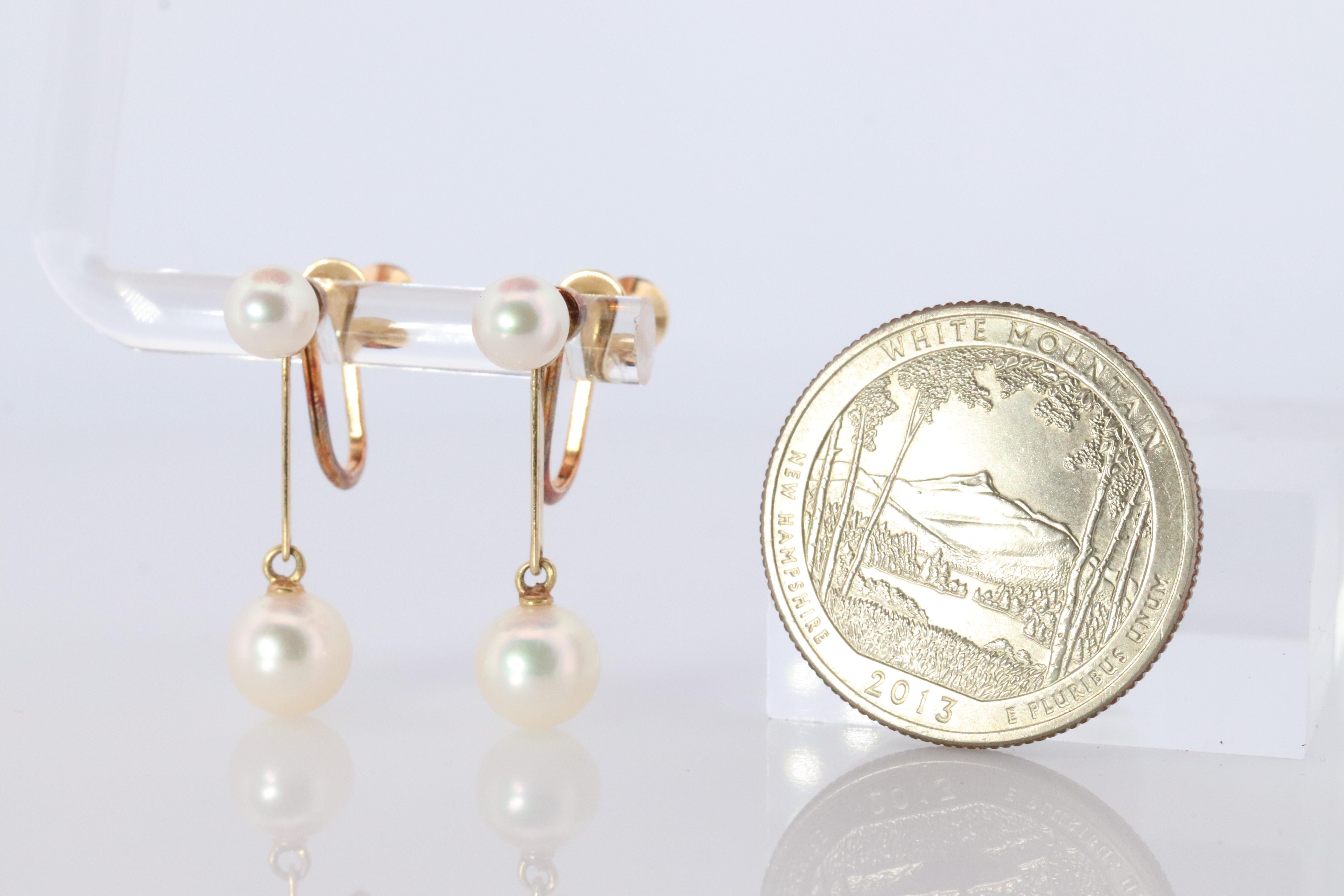Modern Mikimoto Earrings. 14k Gold Mikimoto Pearl Dangle Earrings. Unpierced Clip on For Sale