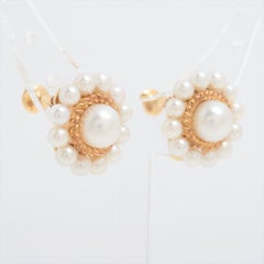 Mikimoto Earrings. 14k Gold Mikimoto Pearl HALO cluster Clip Ons. Unpierced