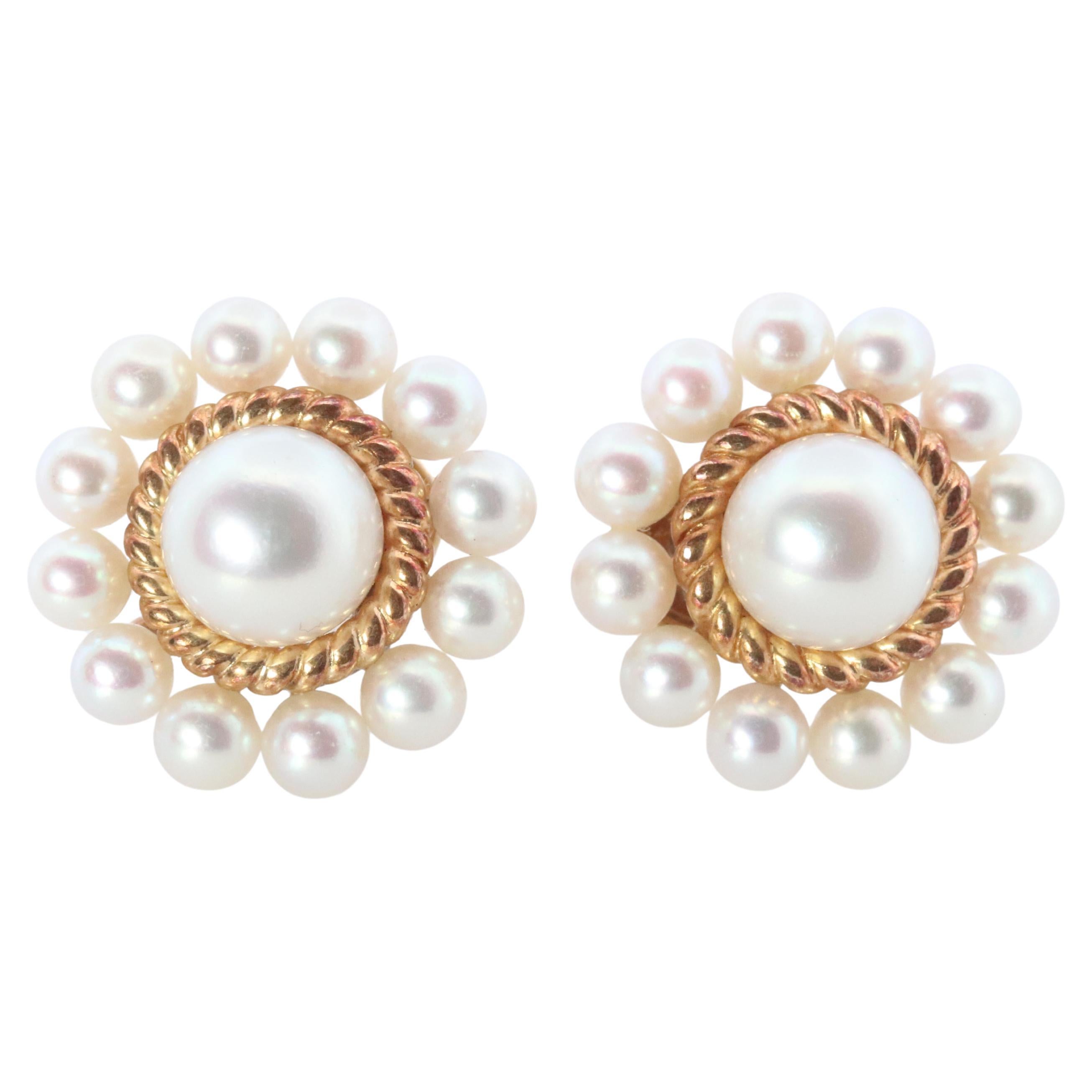 Mikimoto Earrings. 14k Gold Mikimoto Pearl HALO cluster Clip Ons. Unpierced
