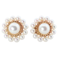 Vintage Mikimoto Earrings. 14k Gold Mikimoto Pearl HALO cluster Clip Ons. Unpierced