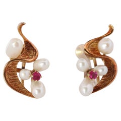 Vintage Mikimoto Earrings. 14k Gold Mikimoto Pearl Ruby cluster Clip Ons. Unpierced