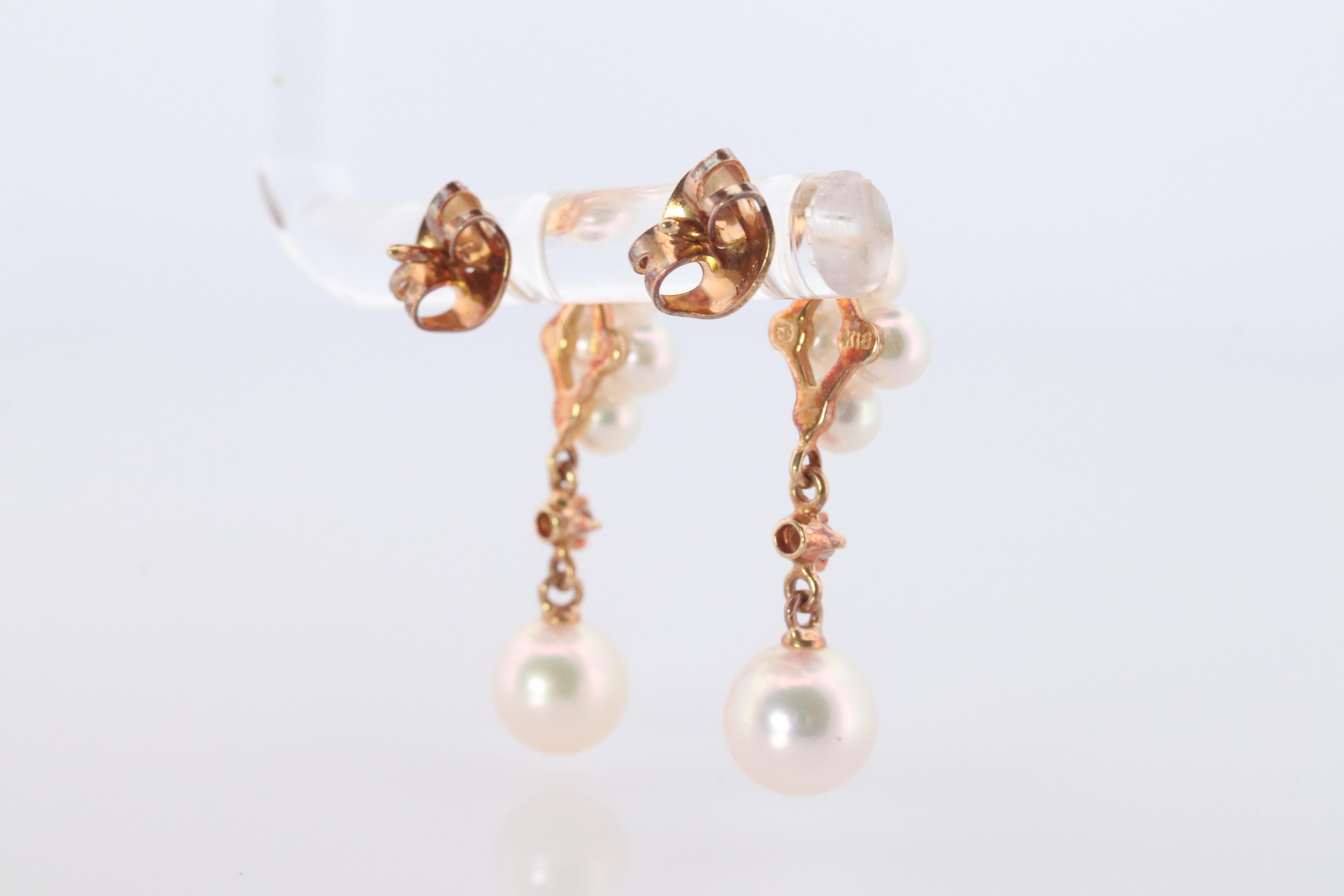 Modern Mikimoto Earrings 18k Diamond Mikimoto Pearl Cluster Dangle Pierced Earrings For Sale