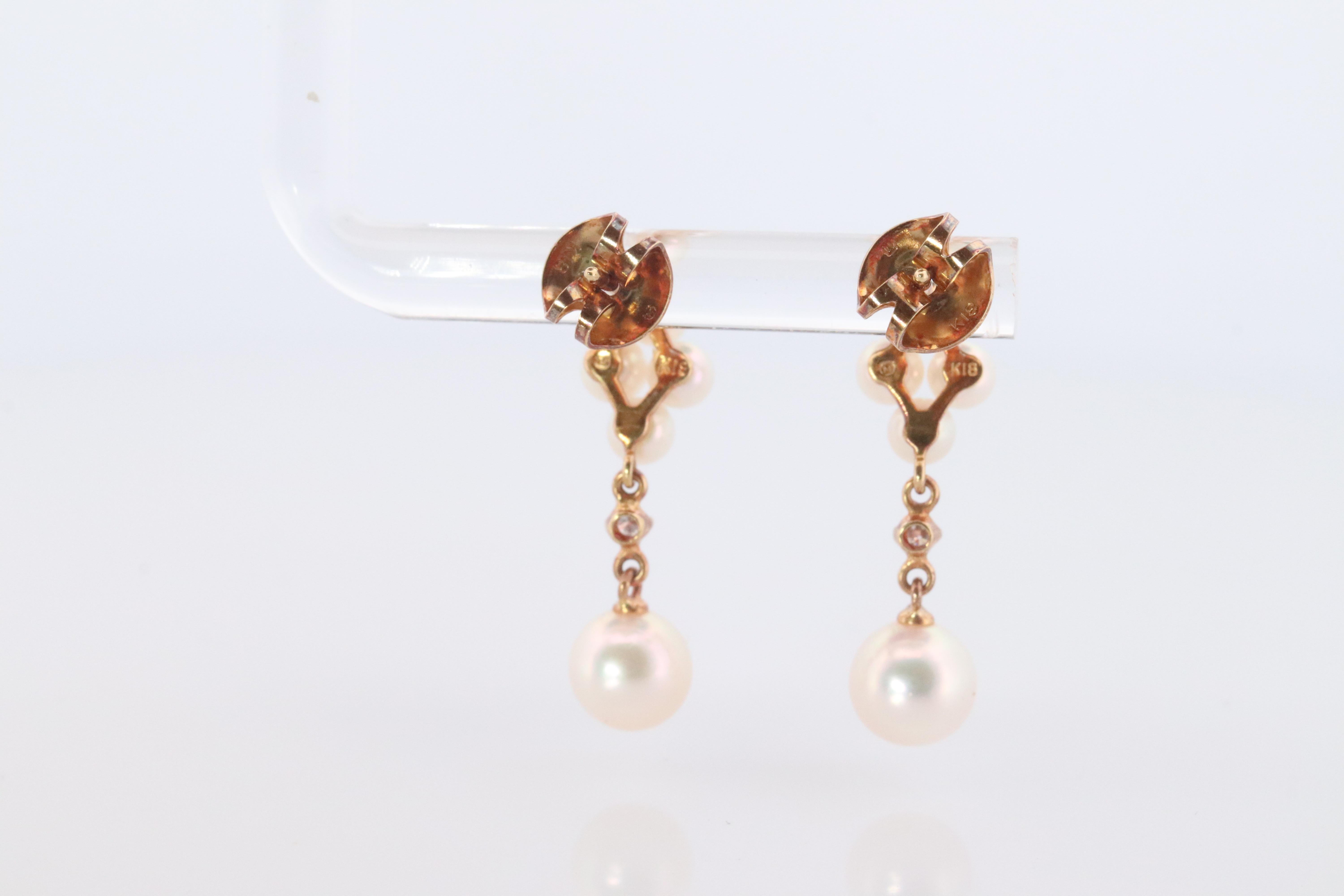 Round Cut Mikimoto Earrings 18k Diamond Mikimoto Pearl Cluster Dangle Pierced Earrings For Sale
