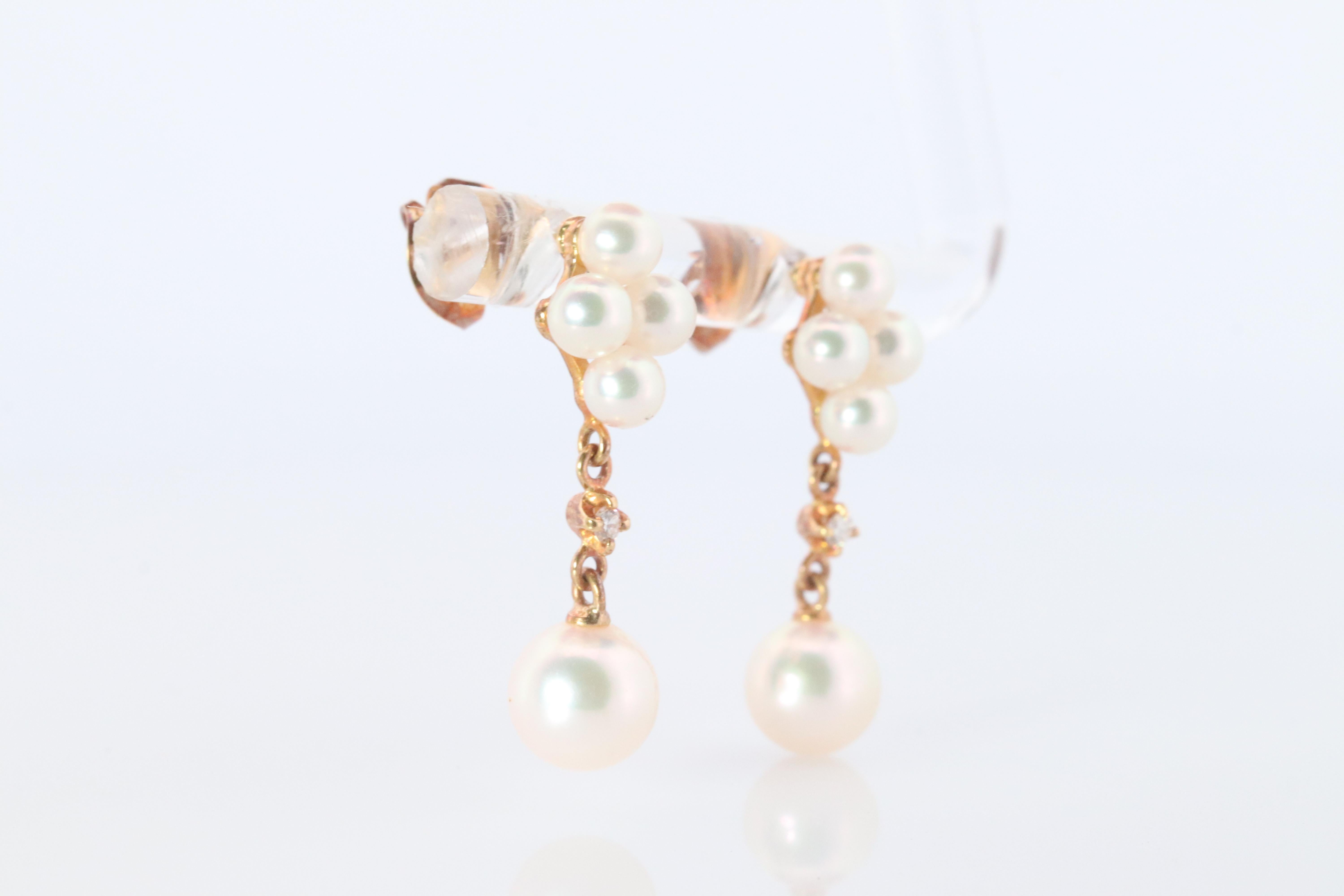 Mikimoto Earrings 18k Diamond Mikimoto Pearl Cluster Dangle Pierced Earrings In Good Condition For Sale In Port Charlotte, FL