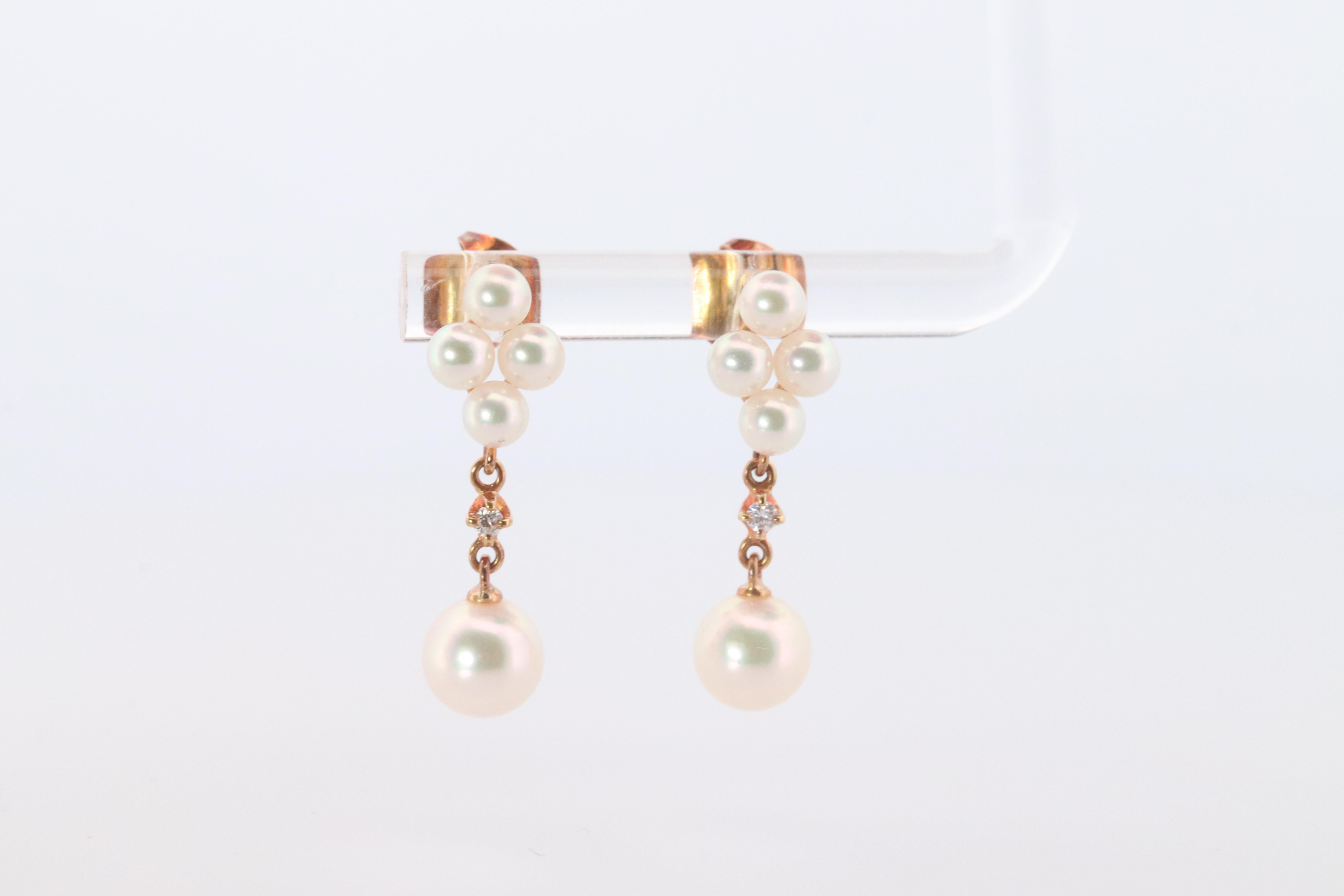 Women's Mikimoto Earrings 18k Diamond Mikimoto Pearl Cluster Dangle Pierced Earrings For Sale