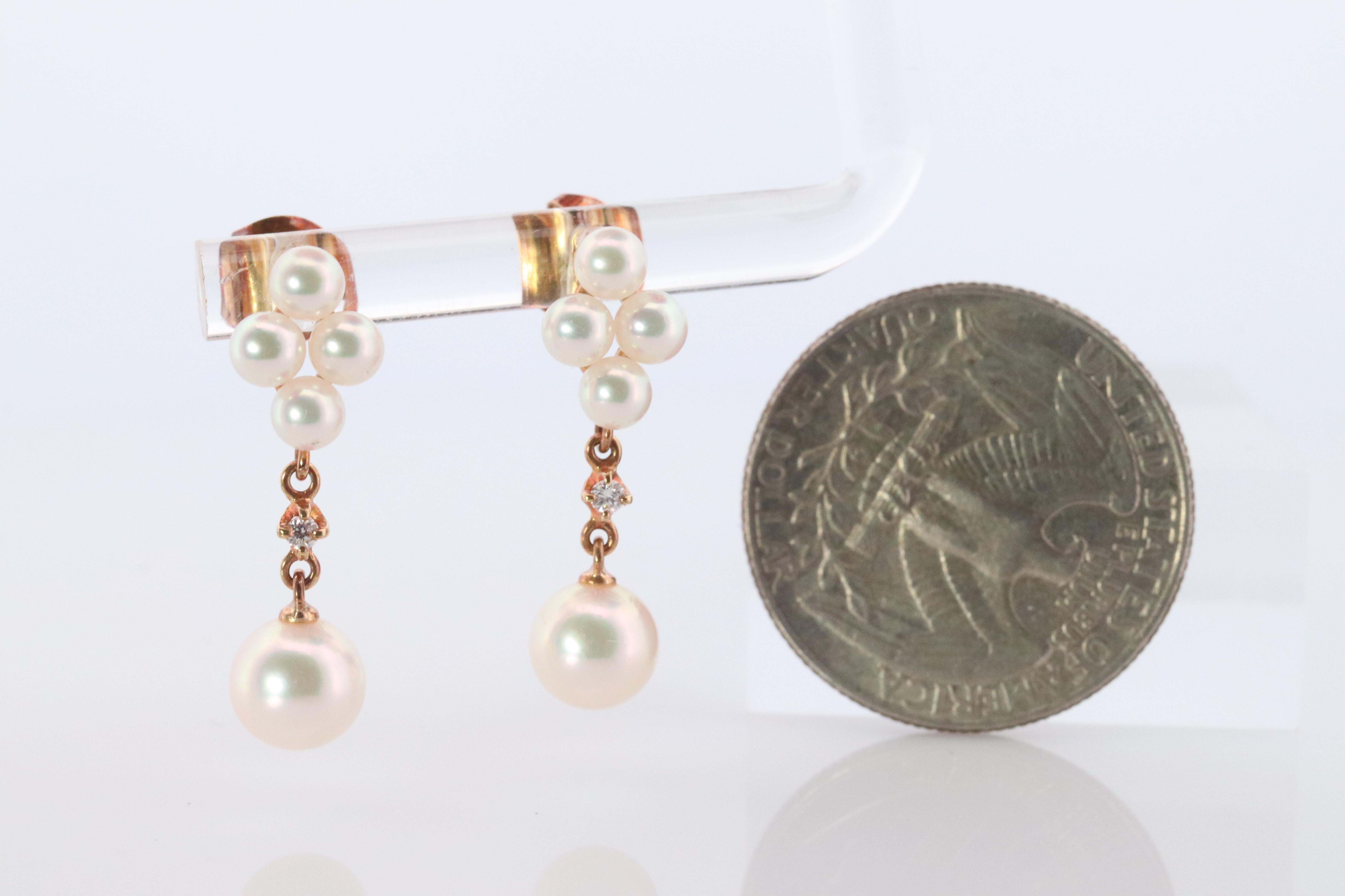 Mikimoto Earrings 18k Diamond Mikimoto Pearl Cluster Dangle Pierced Earrings For Sale 1