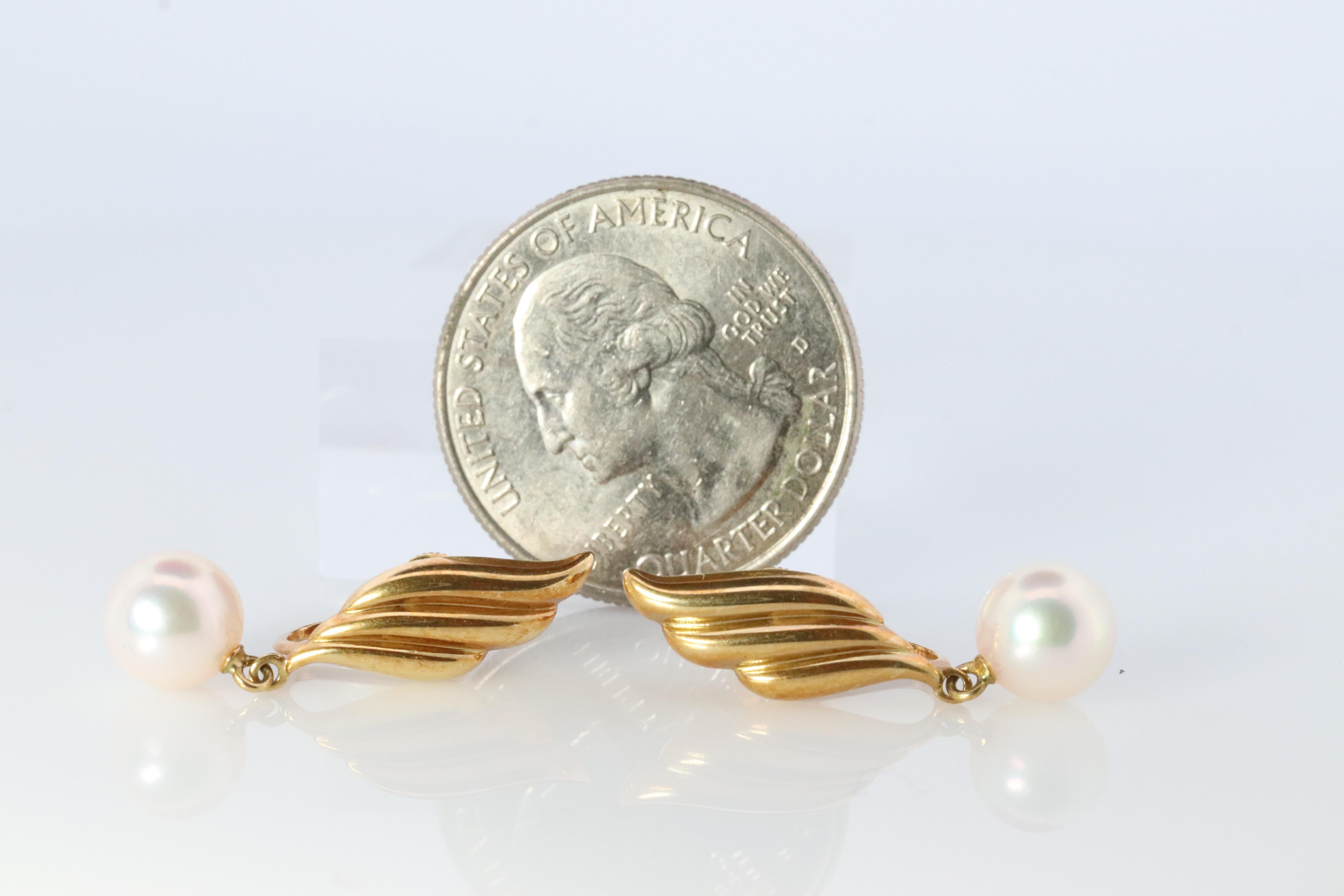 Modern Mikimoto Earrings. 18k Gold Mikimoto Pearl Dangle Earrings. Unpierced Clip on For Sale