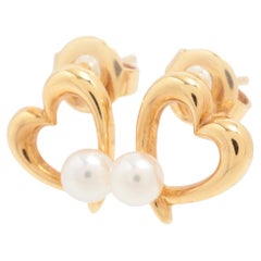 Vintage Mikimoto Earrings. 18k Yellow Gold Mikimoto Pearl Heart Stud Pierced Earrings.