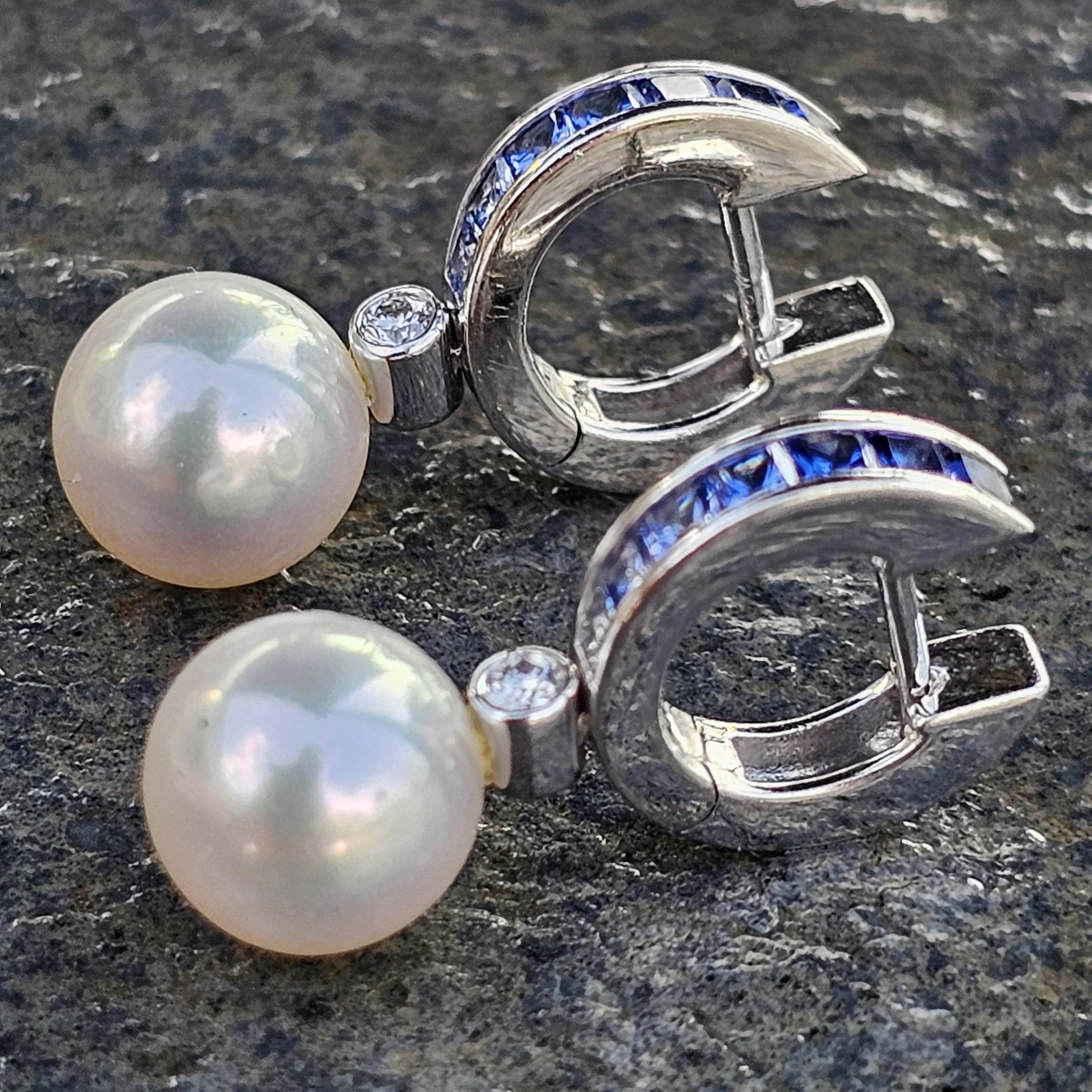 Bead Mikimoto Earrings Pearl Blue Sapphires Diamond Hoop Dangle 18k White Gold