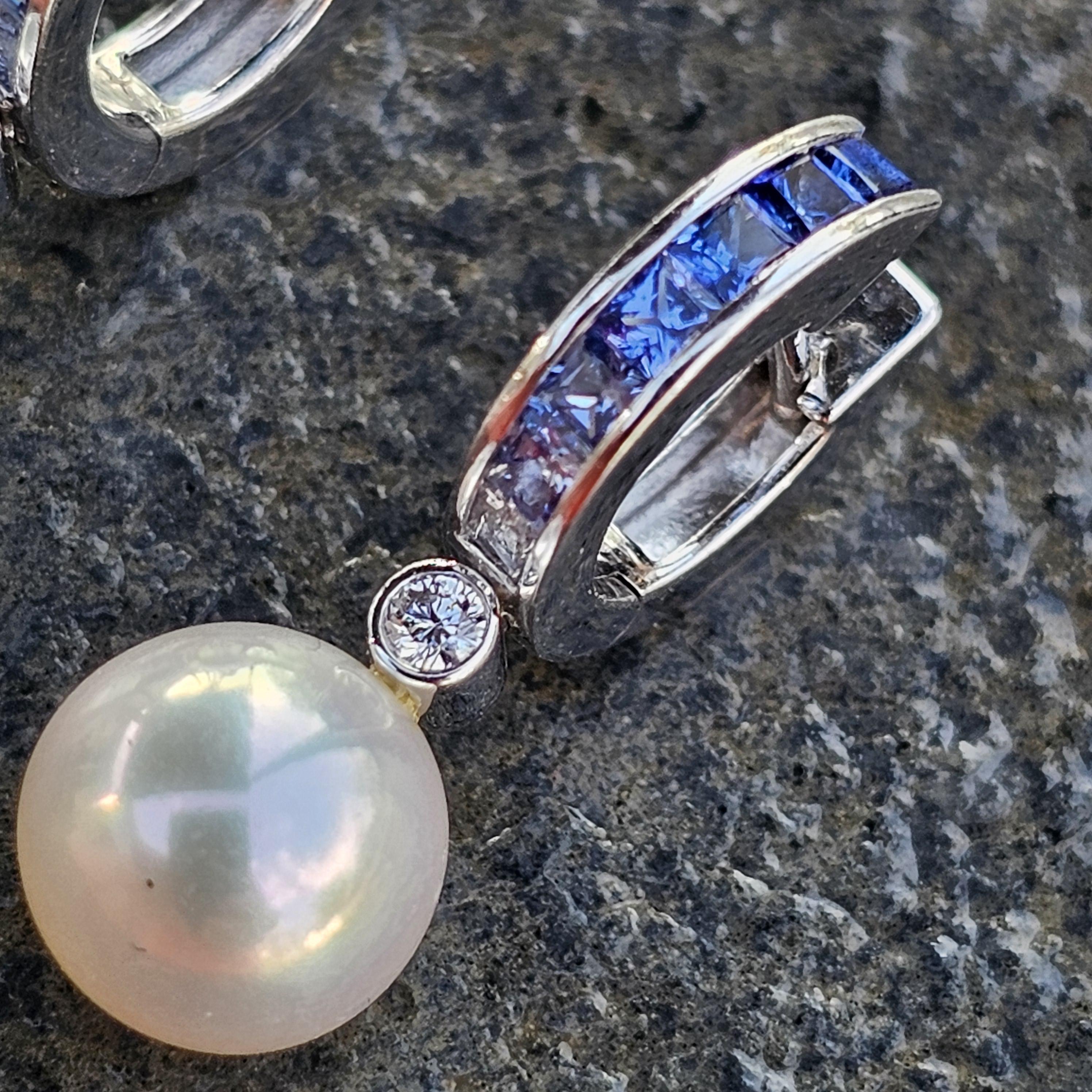 Mikimoto Earrings Pearl Blue Sapphires Diamond Hoop Dangle 18k White Gold In Good Condition In Northbrook, IL