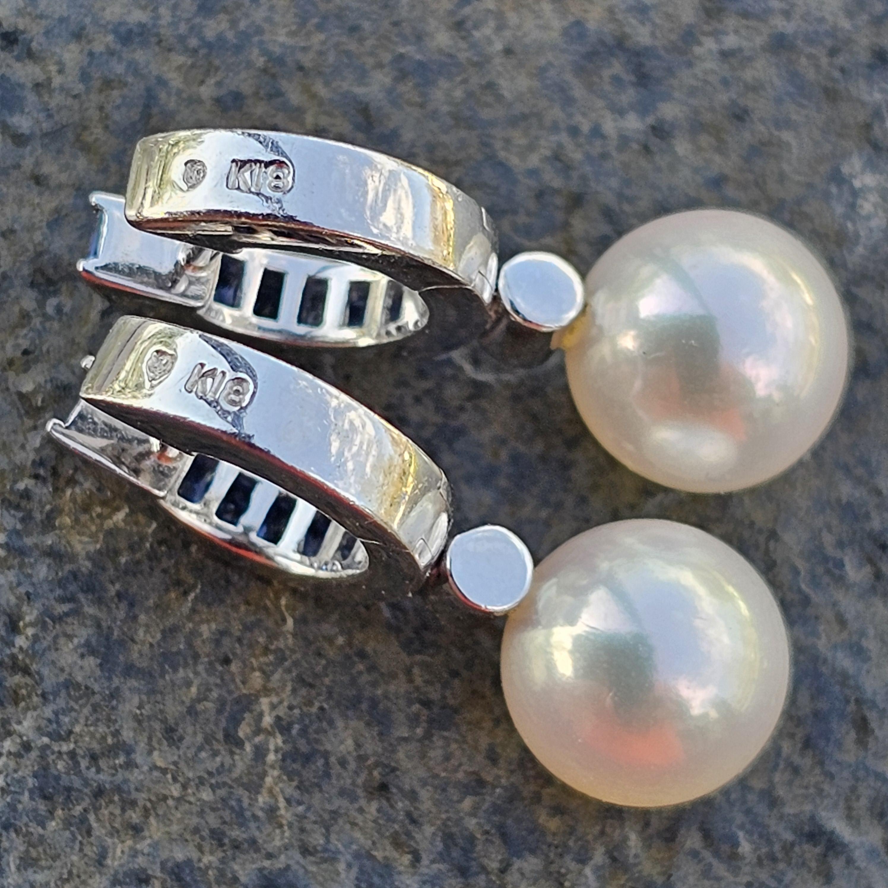 Mikimoto Earrings Pearl Blue Sapphires Diamond Hoop Dangle 18k White Gold 1