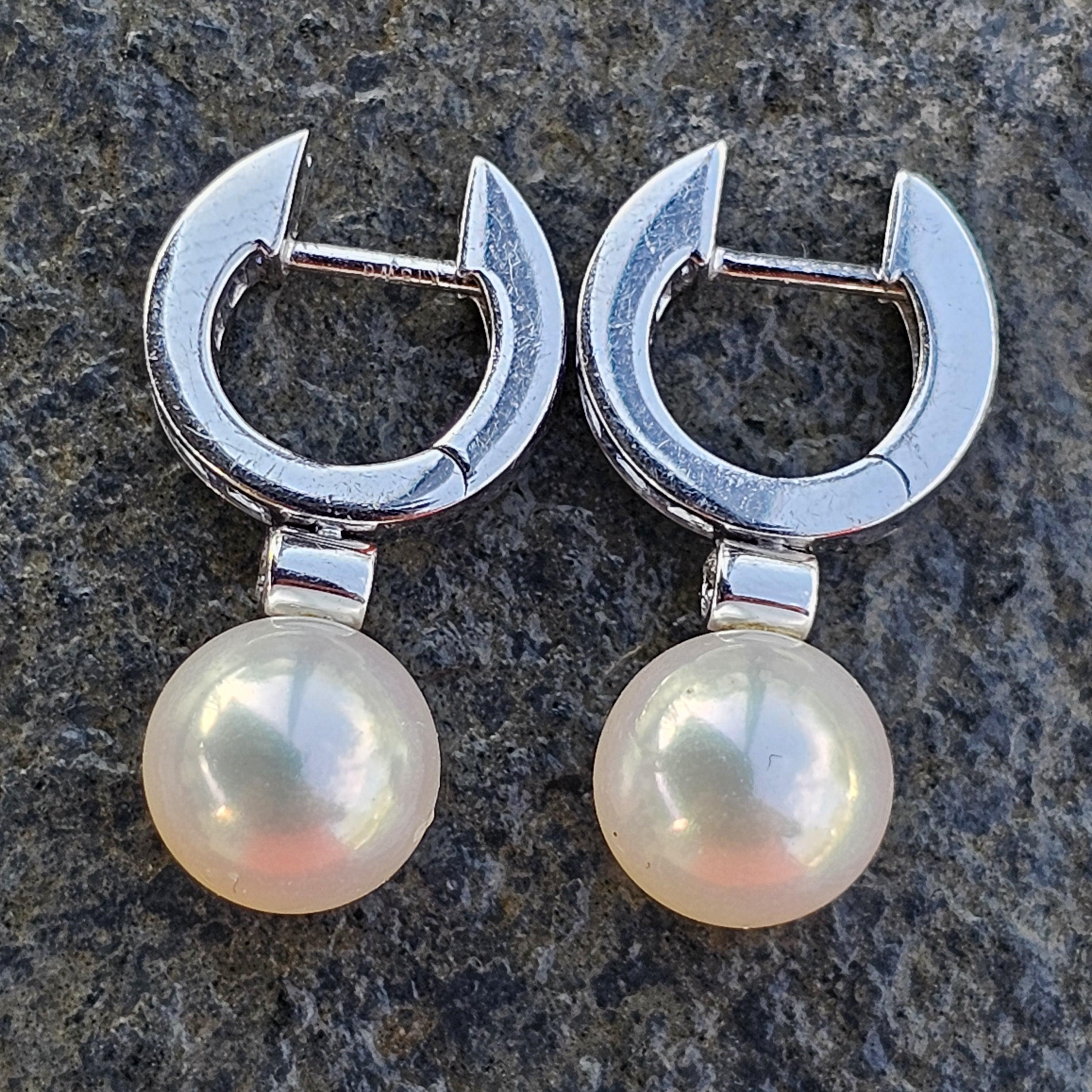 Mikimoto Earrings Pearl Blue Sapphires Diamond Hoop Dangle 18k White Gold 3