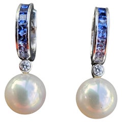 Mikimoto Earrings Pearl Blue Sapphires Diamond Hoop Dangle 18k White Gold